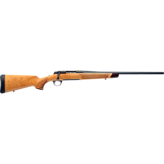 Bolt-action rifle with a polished wooden stock and long black barrel laid horizontally across the frame.