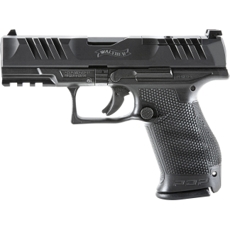 Side view of a black Walther compact semi-automatic pistol with a textured grip and slide serrations on top