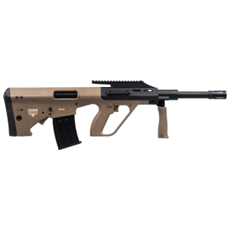 Tan semi-automatic rifle with black barrel, handguard, and curved magazine on a white background.