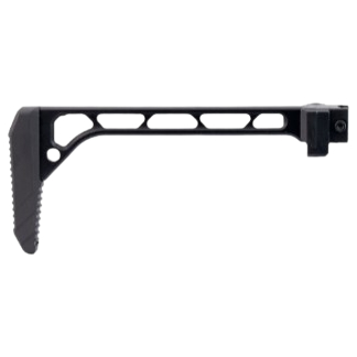 Black metal L-shaped mounting bracket with a serrated left jaw and a perforated beam extending to a square end piece.