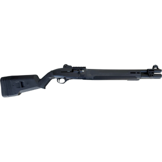 Side view of a black tactical pump-action shotgun with an adjustable buttstock and fore-end grip.