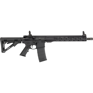 Black semi-automatic rifle with adjustable stock and a detachable box magazine, shown in a side profile.
