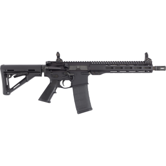Side view of a black AR-style rifle with adjustable stock, quad-rail handguard, and a detachable magazine.