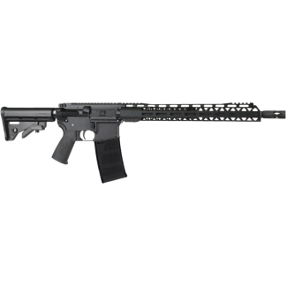 Black semi-automatic rifle with adjustable stock, long perforated handguard, and detachable magazine.