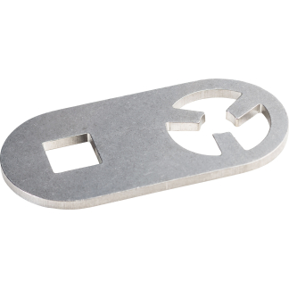 Flat metal bottle opener in an oval shape with a square notch for the cap and a circular cutout nearby for leverage.