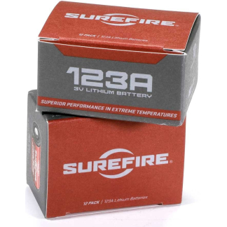 SureFire 12-pack lithium battery box with red and gray packaging, 1234A branding visible.