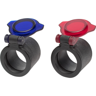 Pair of color-filter attachments for cameras: blue lens on the left, red lens on the right, mounted on black clamp rings