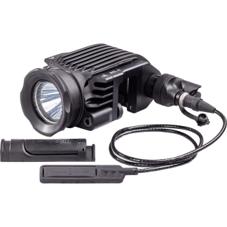 Tactical flashlight with side pressure switch and braided cord, black metal body, battery rail adapter included