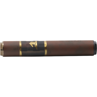 Close-up of a brown cylindrical object with gold bands and black markings, lying horizontally against a white background (no context).