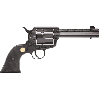 Side profile of a revolver with ornate floral engravings on the frame and barrel, reading 'Chiappa Firearms Italy' on the barrel.