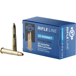 Blue box of Rifle Line ammunition for .22 Hornet with two brass cartridges beside it (50 rounds).