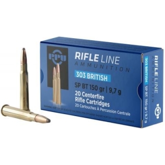 Blue Rifle Line ammunition box labeled 303 British with two brass cartridges beside it, showing the product and its packaging.