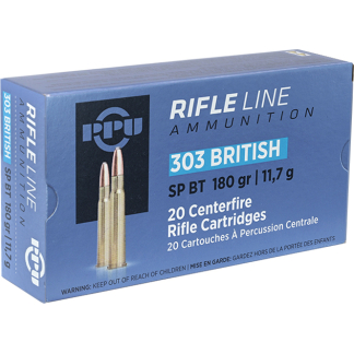 Blue box of Rifle Line Ammunition for 303 British, containing 20 centerfire rifle cartridges with copper bullets on the front of the packaging.