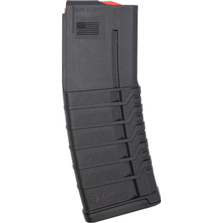 PMAG AR-15 rifle magazine in black polymer for 5.56×45 mm, orange follower visible, made in USA