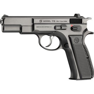 Side view of a gray semi-automatic pistol with 'MODEL 75' and 'CAL. 9 mm PARA' markings on the slide against a black background.