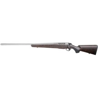 Bolt-action rifle with a wooden stock and long metal barrel shown from the side.