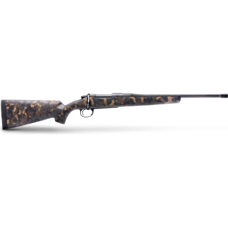 Bolt-action rifle with a brown camouflage pattern on the stock, extending horizontally across a white background.