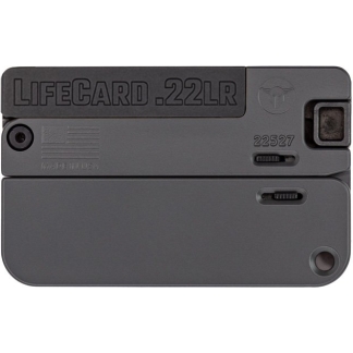 Foldable LifeCard .22LR pistol in gray, with 'LIFECARD .22LR' branding on the top edge.