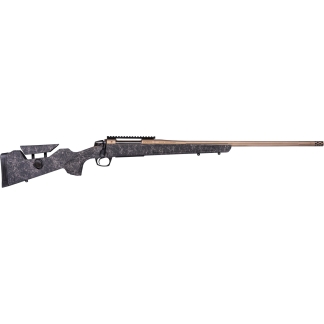 Bolt-action rifle with a dark marble finish and long gold-toned barrel, shown in profile.