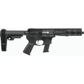 Side view of a black AR-style rifle with adjustable stock, pistol grip, and long rail handguard extending to the right.