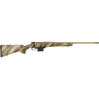 Desert camouflage bolt‑action rifle with a long tan barrel and detachable magazine