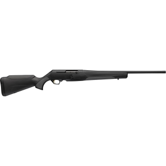 Side view of a black pump-action shotgun with a polymer stock and long barrel on a white background.