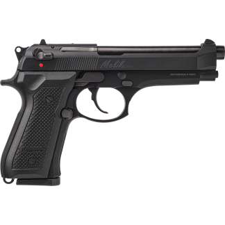 Side view of a black semi-automatic pistol with textured grip and metal slide, shown against a white background.