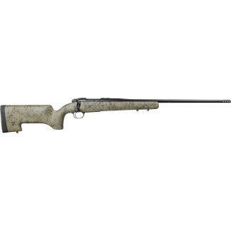 Beige camo bolt-action hunting rifle with a long black barrel laid horizontally to the right.
