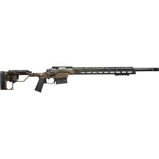 Modern precision rifle with desert-tan chassis, long speckled handguard, and muzzle device.