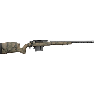 Camouflage-pattern rifle with a detachable magazine and long barrel viewed from the side; appears ready to fire but unloaded in image context.