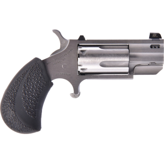 Close-up side view of a silver revolver with a black textured grip and visible hammer.