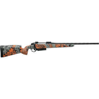 Bolt-action rifle with orange-gray camouflage and a long black barrel on a white background.