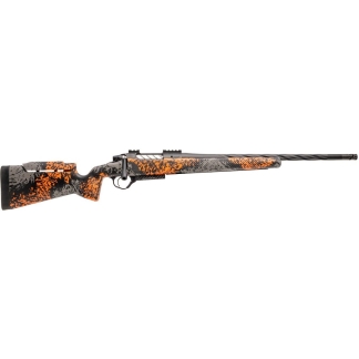 Bolt-action rifle with orange and gray camouflage patterns, a long black barrel, and a wooden/synthetic stock shown in profile.