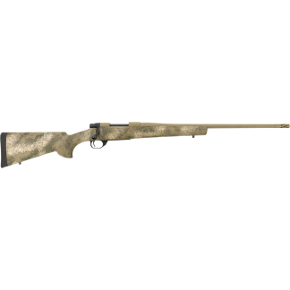 Desert camouflage bolt-action sniper rifle with a long tan barrel, shown from the left.