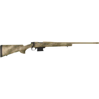 Desert camouflage bolt-action sniper rifle with a long tan barrel and detachable magazine.