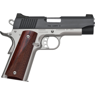 Side view of a semi-automatic pistol with a gray frame, black slide, and wooden grip.