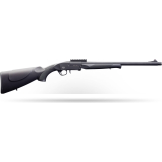 Side view of a modern bolt-action rifle with a long barrel and black synthetic stock on a white background.