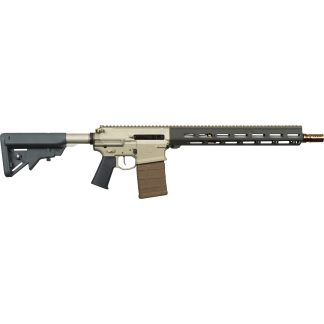 Tan and black semi-automatic rifle with a long vented handguard and adjustable stock.