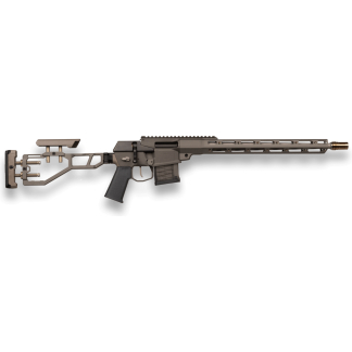 Modern semi-automatic rifle with collapsible stock, tan finish, and a long M-LOK handguard with a muzzle device at the end of the barrel, shown in profile on a white background.