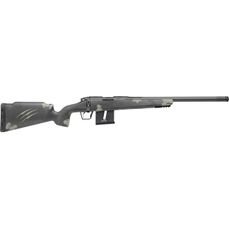 Camouflage-pattern rifle with a detachable box magazine and long barrel viewed from the left side.