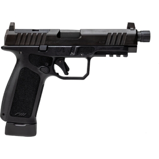 Side view of a black semi-automatic pistol with a textured grip and visible slide serrations.