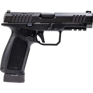 Black semi-automatic handgun shown in a side profile with a textured grip and extended magazine base on a white background.