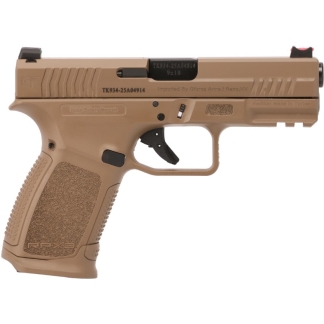 Tan semi-automatic pistol shown in profile with textured grip and black trigger