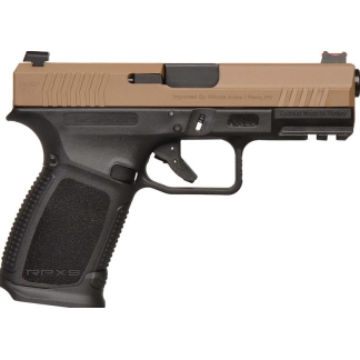 Semi-automatic pistol with a tan slide and black frame, textured grip, shown from the side with trigger and sights visible, RPX9 label.