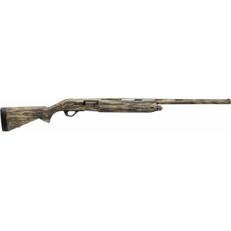Camouflage-pattern bolt-action hunting rifle with wooden stock on a white background.