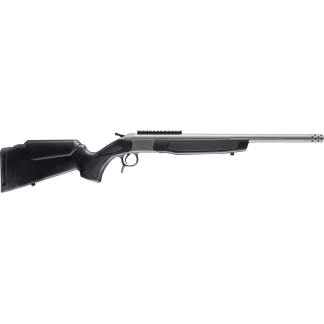 Pump-action shotgun with a black stock and a long silver barrel, shown in profile view in a neutral setting.
