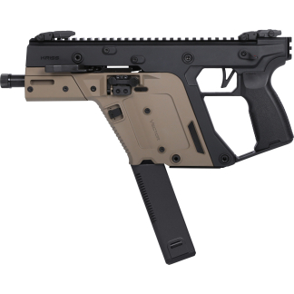 Side view of a Kriss Vector-type rifle with tan lower receiver and black upper, featuring a full-length top rail and grip end.