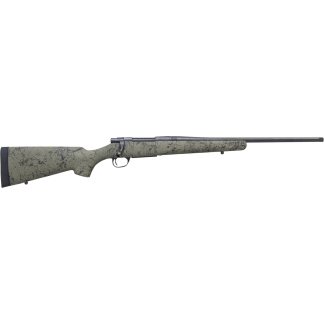 Bolt-action hunting rifle with an olive camouflage stock and long barrel.