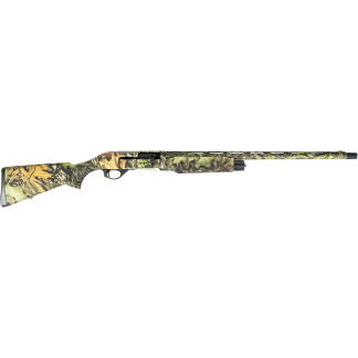 Camouflage-pattern rifle with a long barrel laid horizontally on a white background