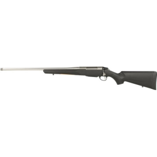 Long-barreled bolt-action rifle with a black synthetic stock, shown from the side on a white background.